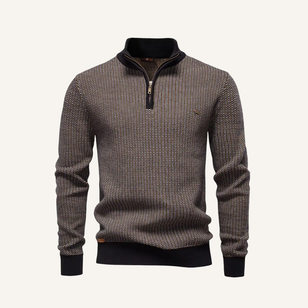 Birdseye knit quarter-zip sweater in a textured multi-tone weave with a solid black stand collar, cuffs, and hem.