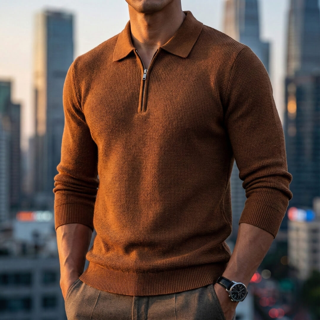 Brown quarter-zip knit polo sweater with a ribbed collar, long sleeves, and ribbed hem, styled in an urban environment.