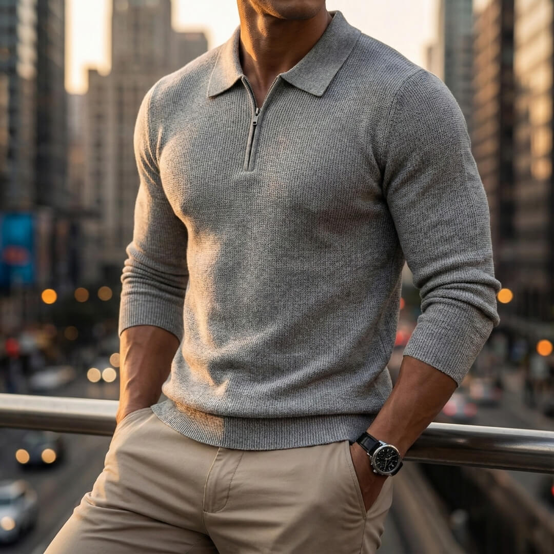 Light gray quarter-zip knit polo sweater with a ribbed collar, long sleeves, and ribbed hem, worn with beige trousers in an urban setting.