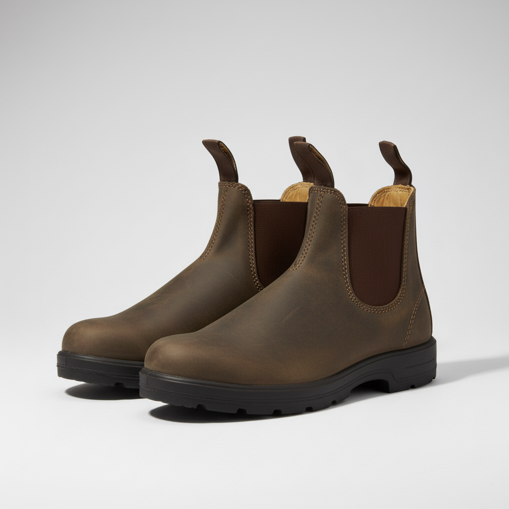 Pair of brown suede-look Chelsea snow boots for women with elastic side panels and twin pull tabs