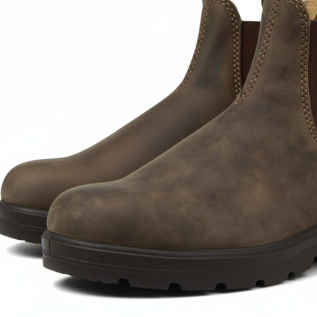 Close-up of brown suede-look Chelsea snow boots showing the lug sole tread and elastic gore panel