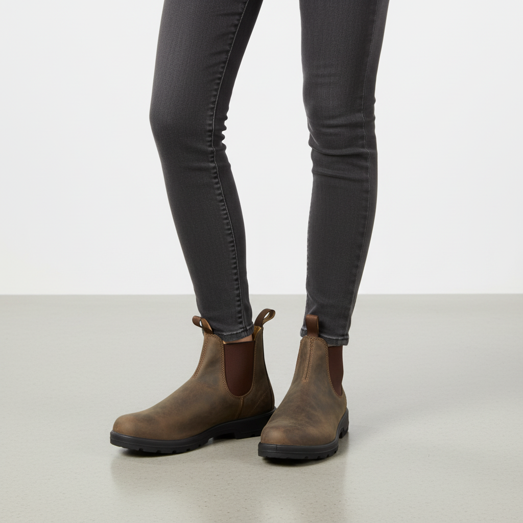 Brown suede-look Chelsea snow boots for women with lug sole, worn with grey skinny jeans