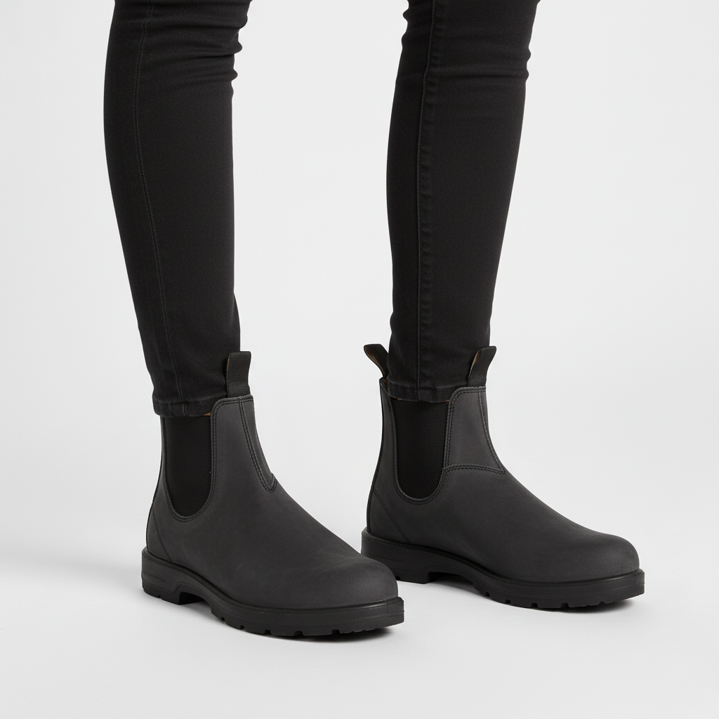 Black Chelsea snow boots for women with lug sole and elastic side panels, worn with black jeans