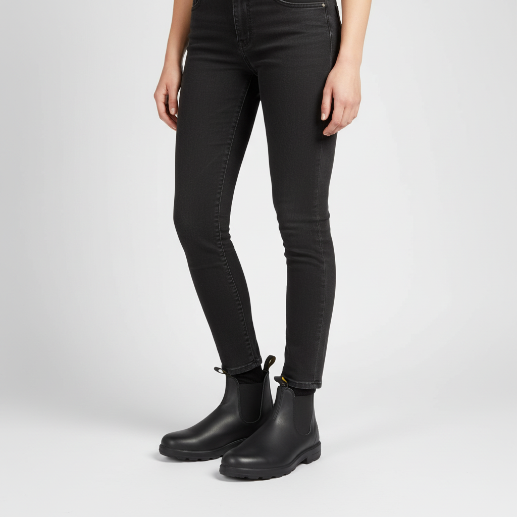 Woman in black jeans wearing black Chelsea snow boots for women with lug sole, full-length view