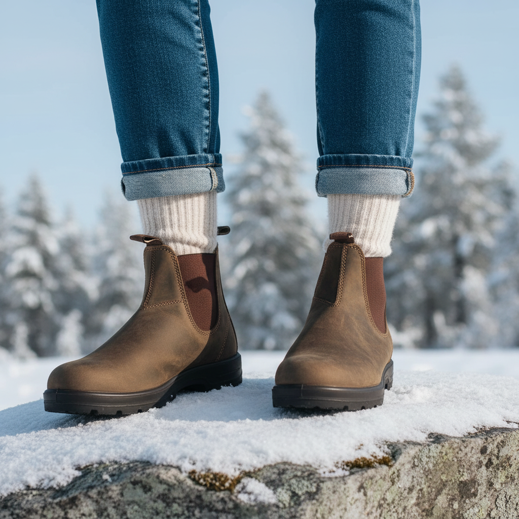 Brown Chelsea snow boots for women worn with cuffed jeans and wool socks on a snowy rock