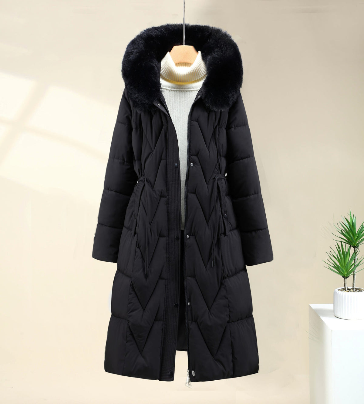 Chevron-Quilted Longline Puffer Coat – Plush-Trim Hood & Drawstring Waist | Greta