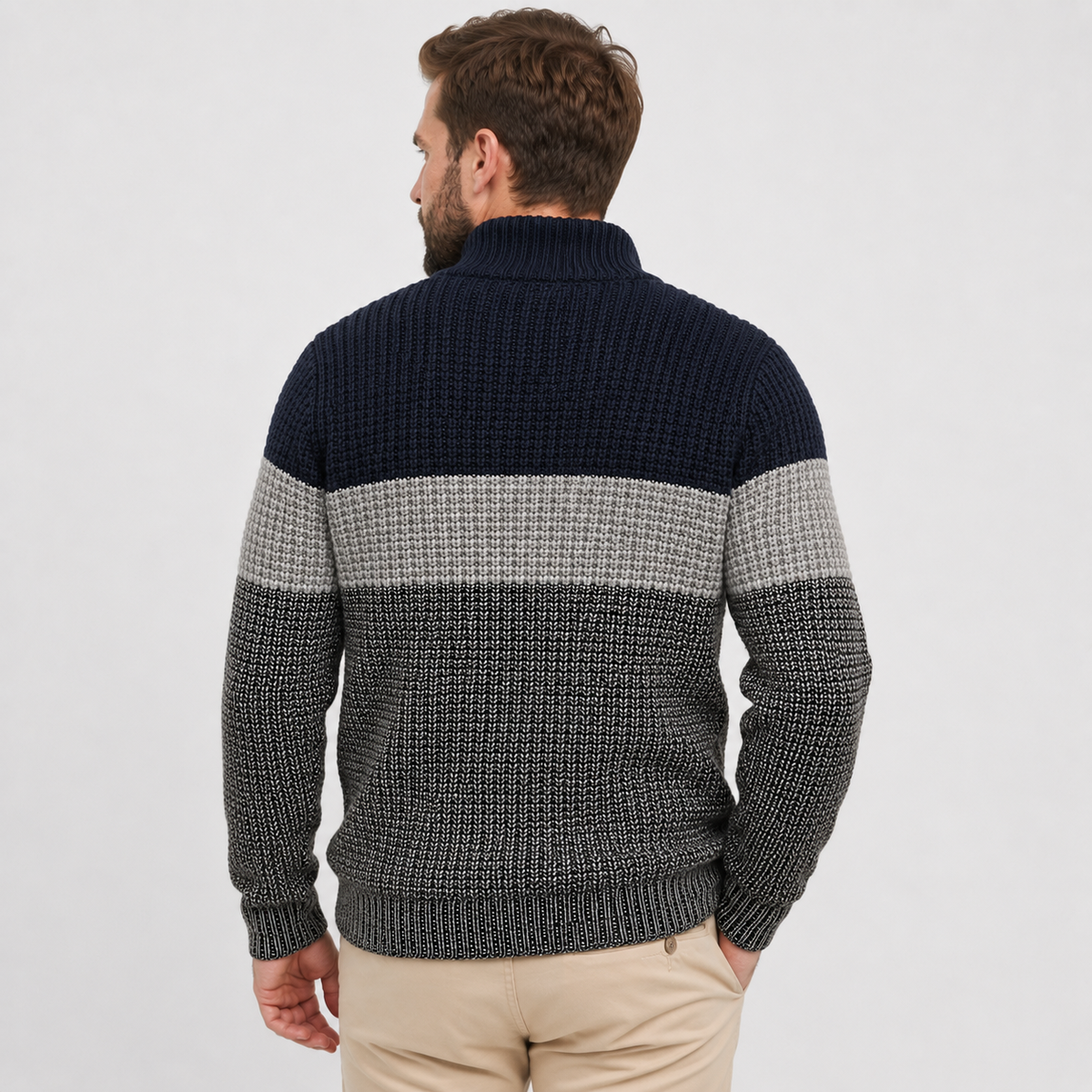 Navy, gray, and brown colorblock quarter-zip sweater worn by a male model, shown from the back.