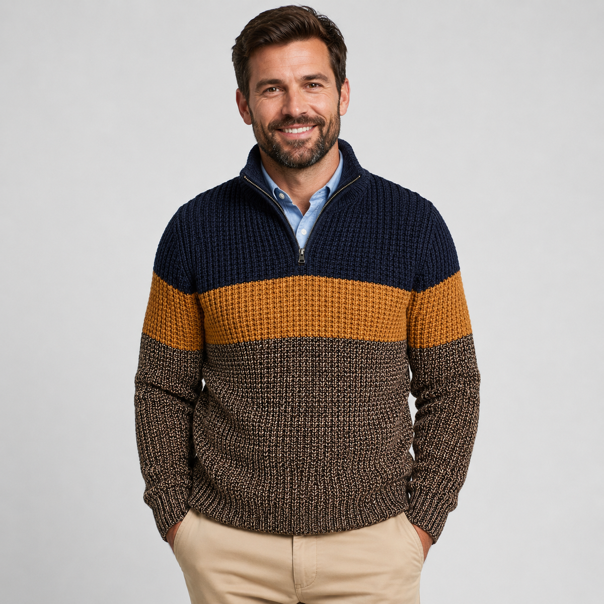 Navy, mustard, and brown chunky knit quarter-zip sweater worn by a male model, shown from the front.