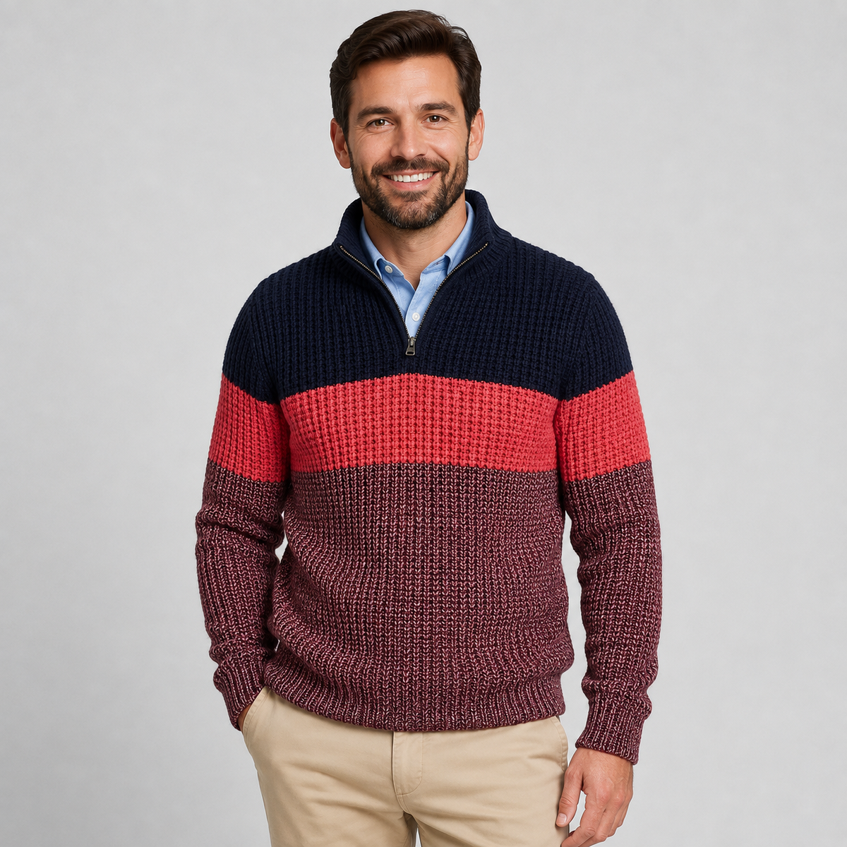 Navy and burgundy colorblock quarter-zip sweater worn by a male model, shown from the front.