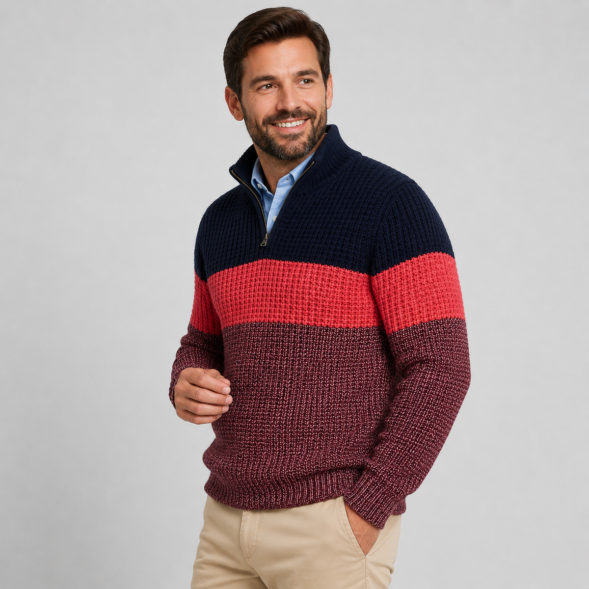 Navy and burgundy colorblock quarter-zip sweater worn by a male model, shown from the front.