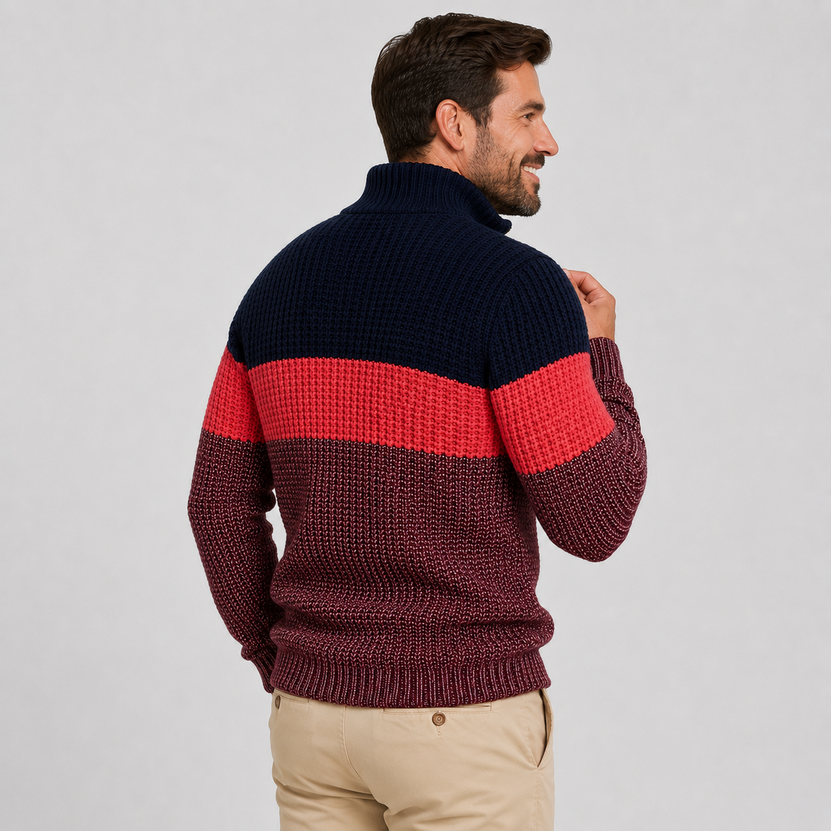 Navy and burgundy colorblock quarter-zip sweater worn by a male model, shown from the back and side.