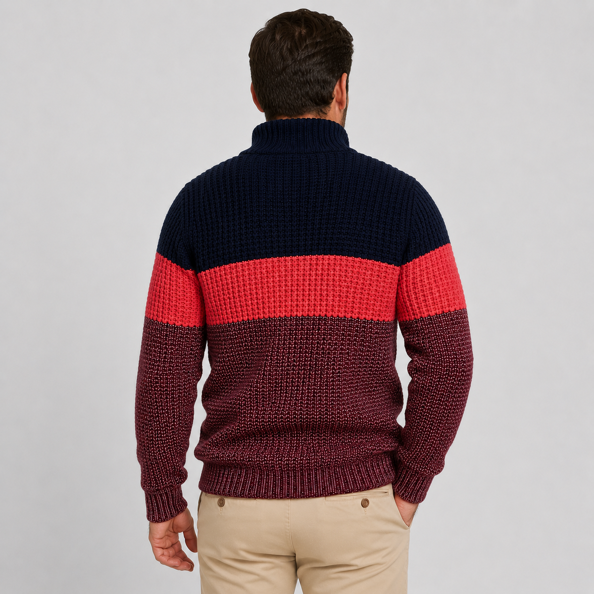 Navy and burgundy colorblock quarter-zip sweater worn by a male model, shown from the back.