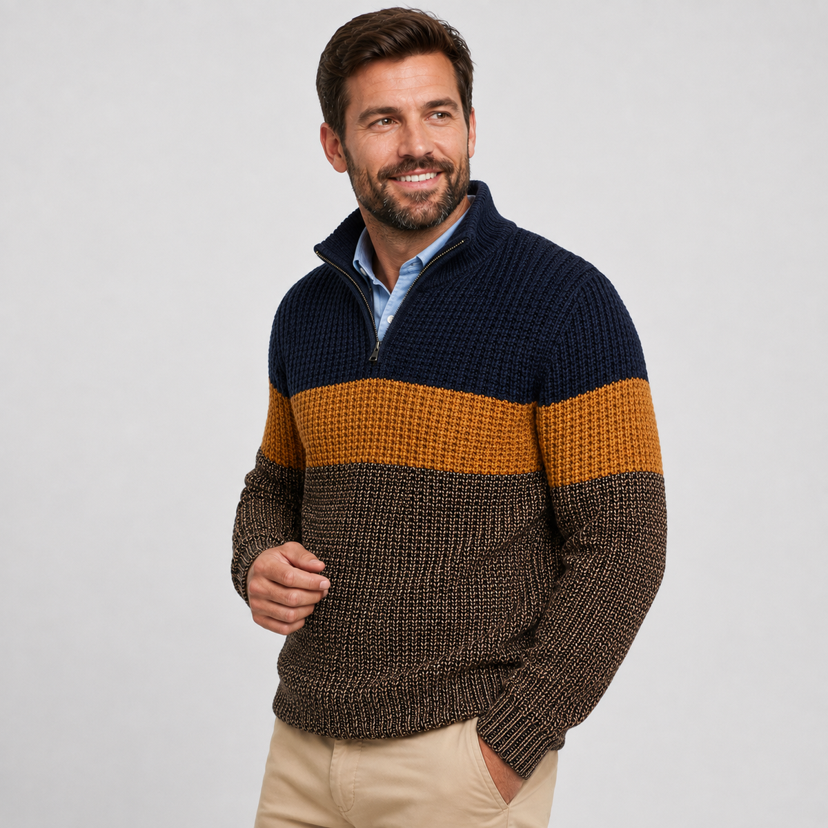 Navy, mustard, and brown chunky knit quarter-zip sweater worn by a male model, shown from the front.