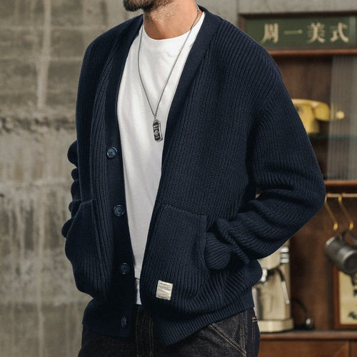 Ciro Chunky Cotton Knit Cardigan – V-Neck Oversized Pocket Winter Knitwear