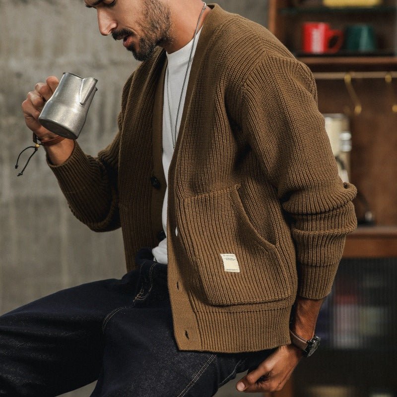 Ciro Chunky Cotton Knit Cardigan – V-Neck Oversized Pocket Winter Knitwear