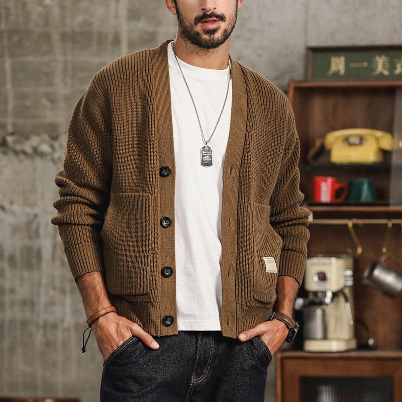 Ciro Chunky Cotton Knit Cardigan – V-Neck Oversized Pocket Winter Knitwear
