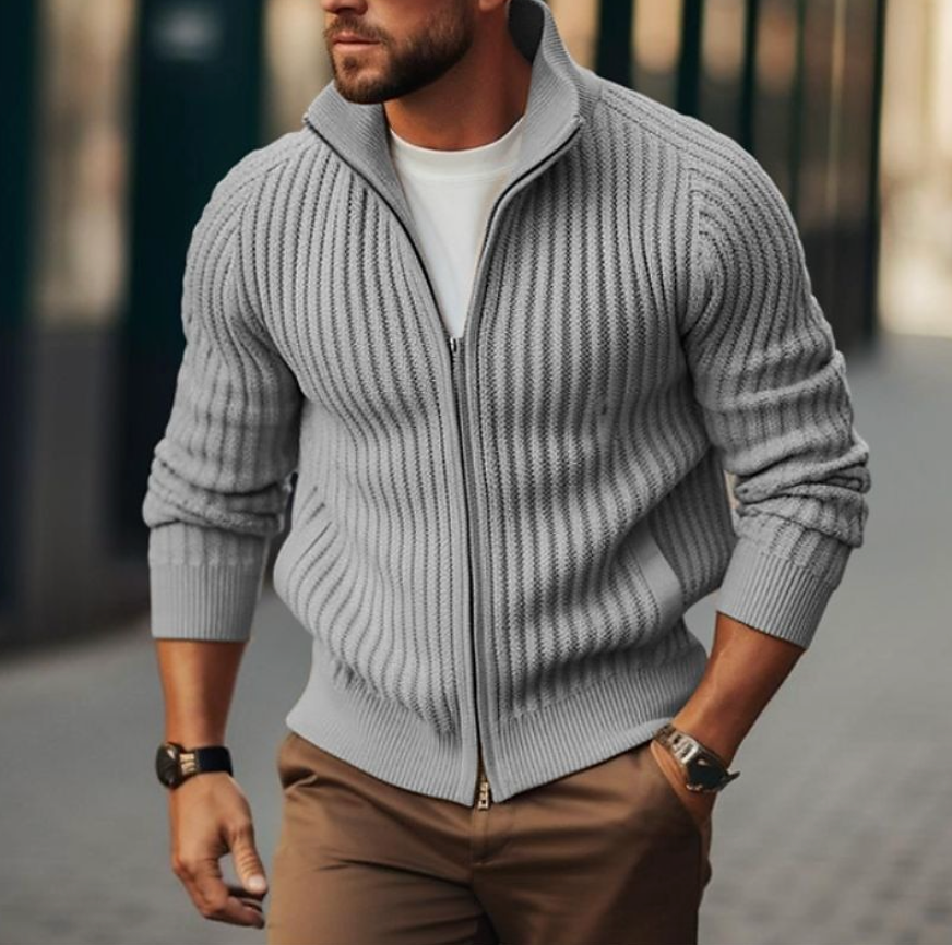 Claudio Rib-Knit Zip-Front Cardigan – High Collar Structured Winter Knitwear