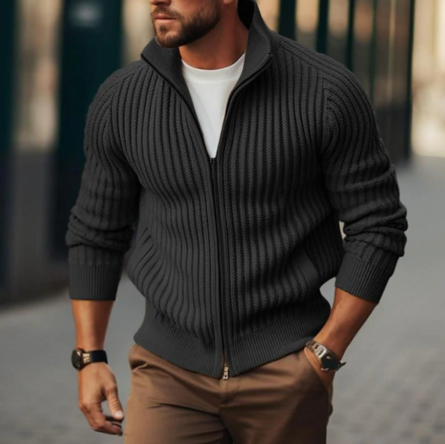 Claudio Rib-Knit Zip-Front Cardigan – High Collar Structured Winter Knitwear