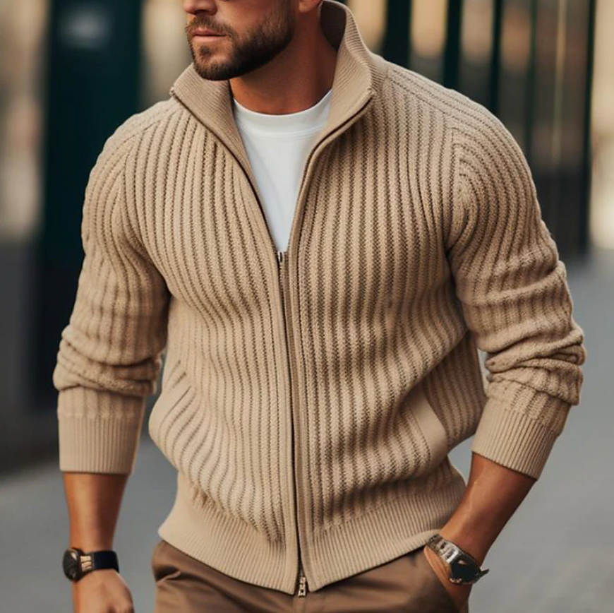 Claudio Rib-Knit Zip-Front Cardigan – High Collar Structured Winter Knitwear