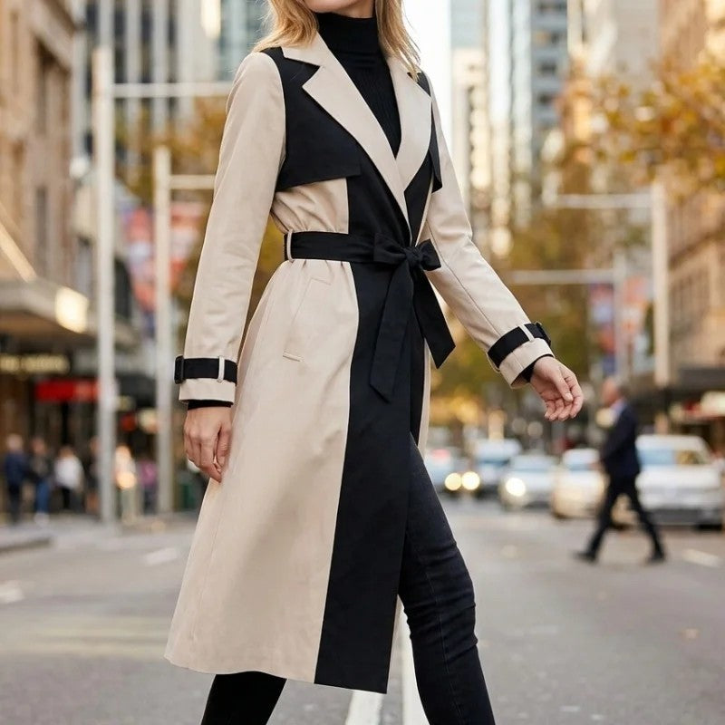 Colorblock Belted Longline Trench Coat shown from the front on a female model, featuring notch lapels, a belted waist, longline fit, and contrasting panels.