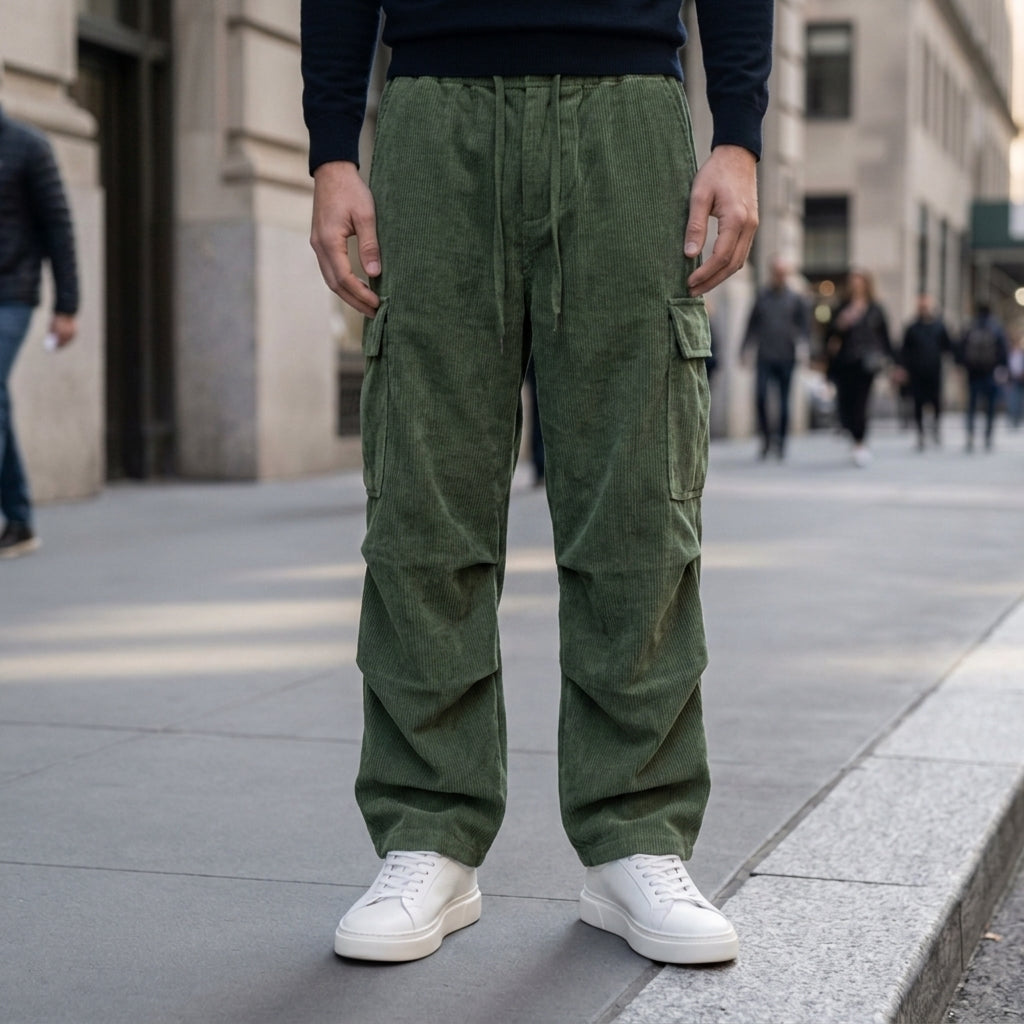 Olive green corduroy cargo pants with flap pockets, drawstring waist, and a relaxed straight-leg fit on a city street.