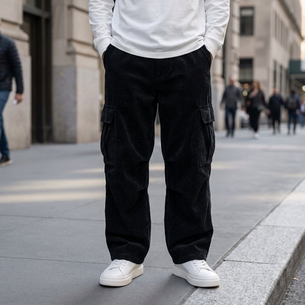 Black corduroy cargo pants with flap pockets and a relaxed straight-leg fit worn with white sneakers on a city sidewalk.