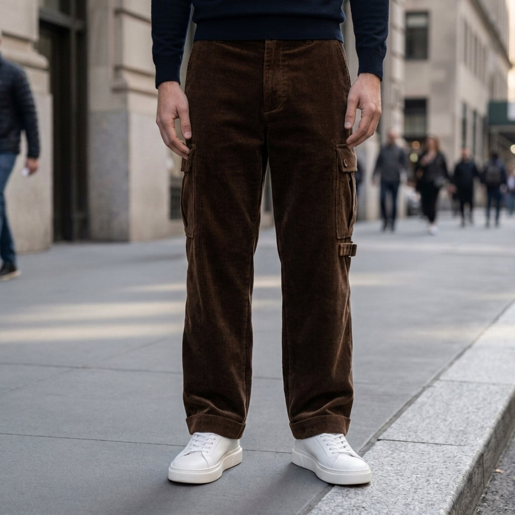 Dark brown corduroy cargo pants with flap pockets and a relaxed straight-leg fit, styled with white sneakers on a city street.