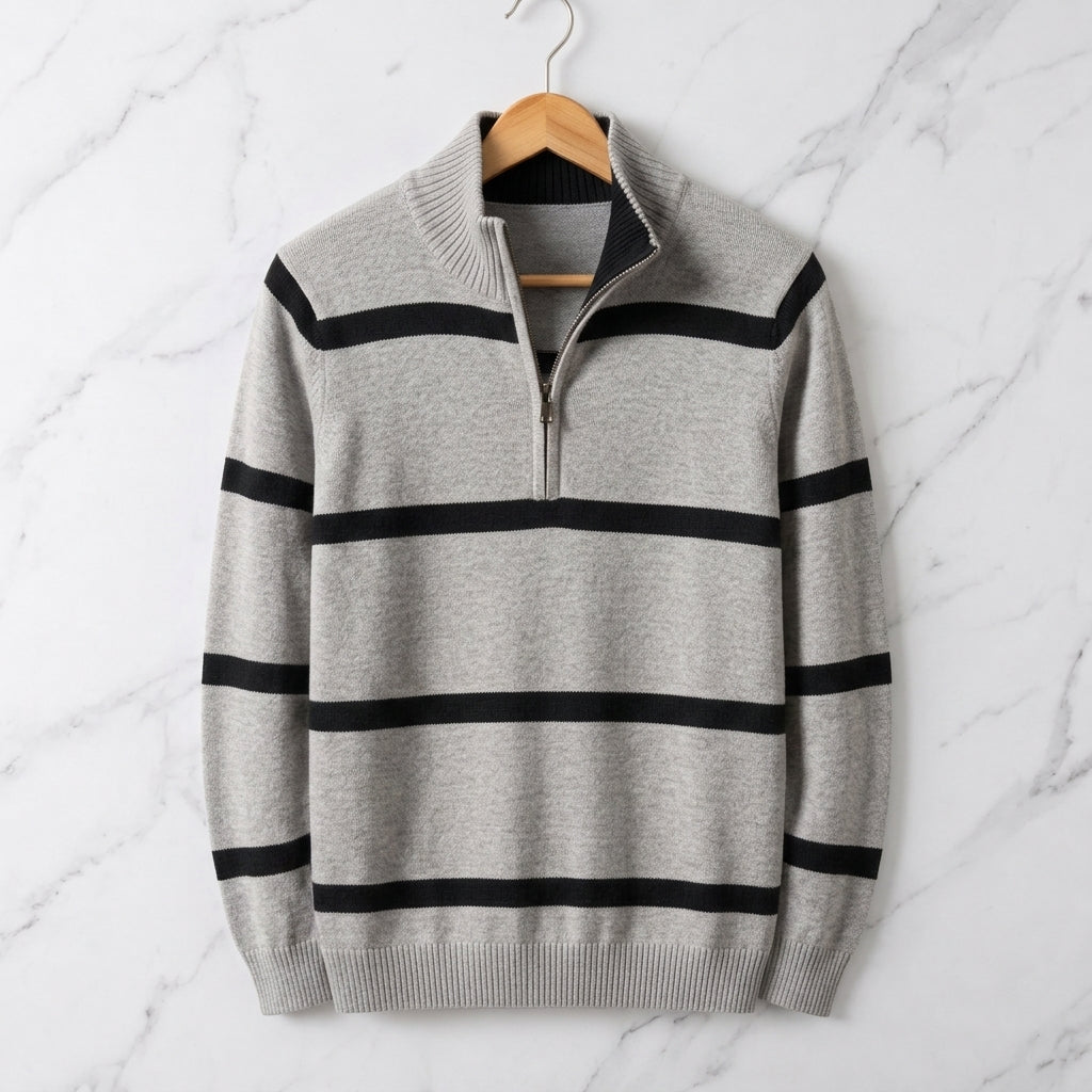 Light gray cotton knit quarter-zip sweater with black contrast stripes shown on a hanger.