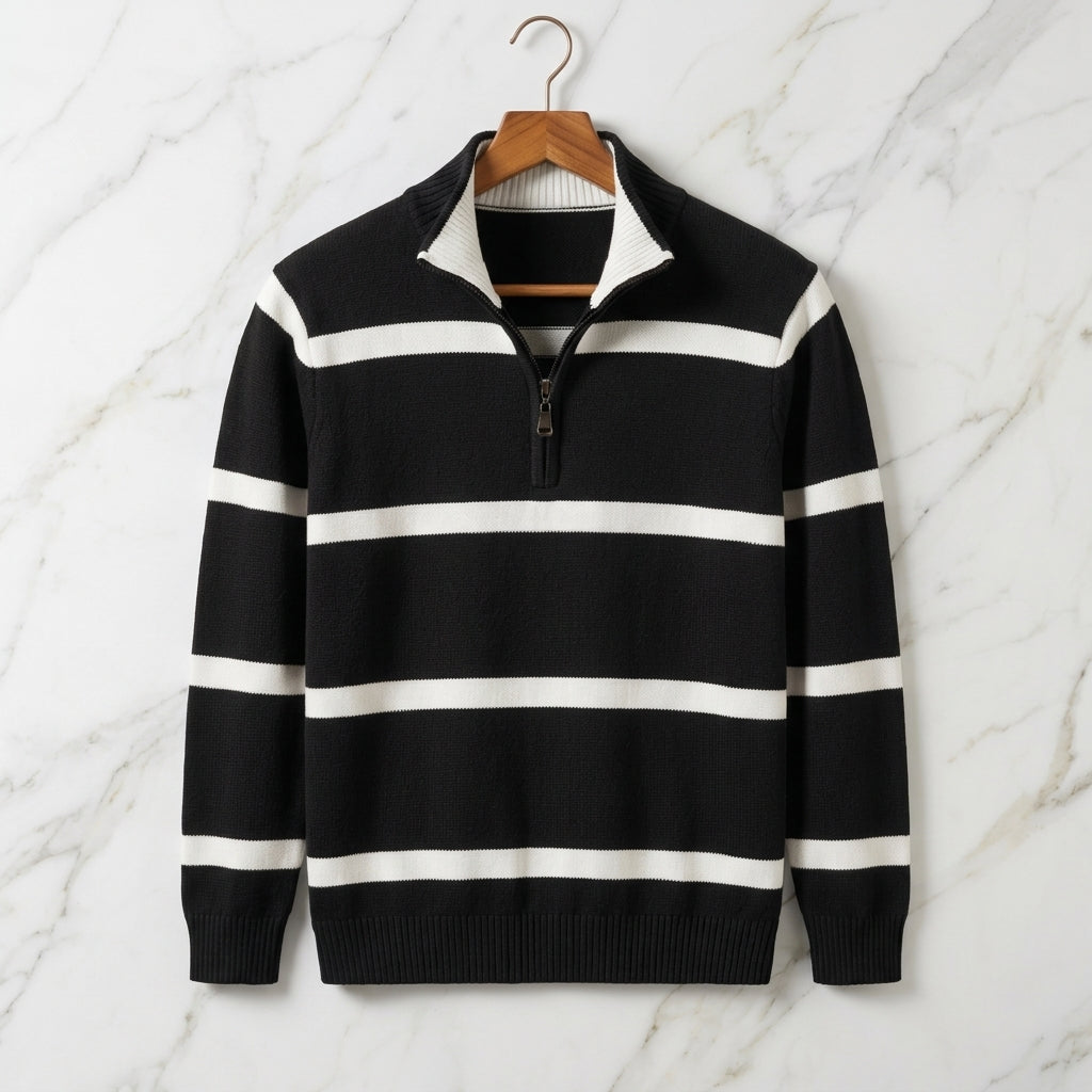 Black cotton knit quarter-zip sweater with white contrast stripes shown on a hanger.