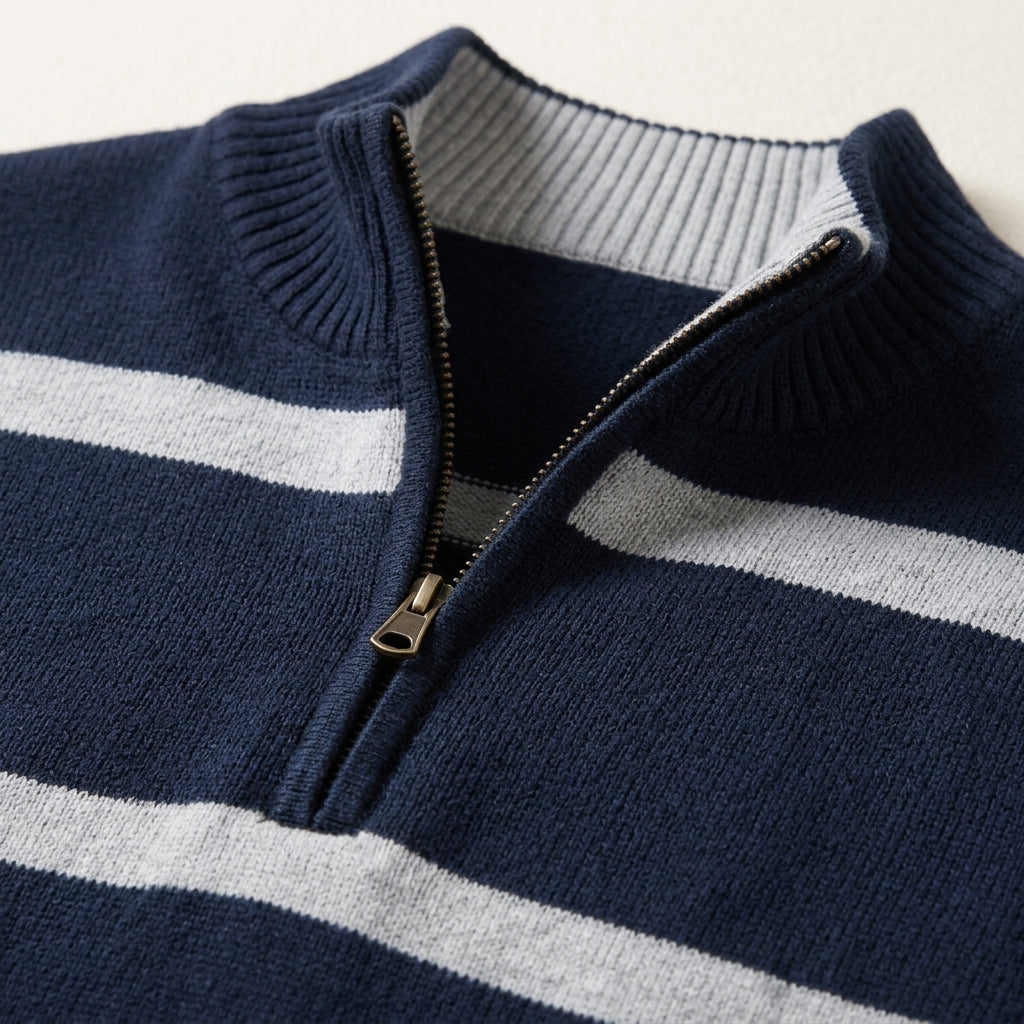 Close-up of the navy blue quarter-zip sweater showing the ribbed mock neck, zipper, and contrast stripe detail.
