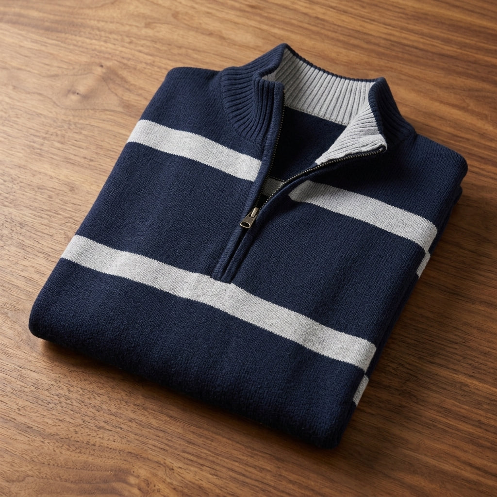 Navy blue quarter-zip sweater folded on a wooden surface, showing the contrast stripes and ribbed collar.