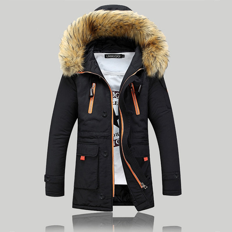 Black cotton-padded parka with plush-trim hood, contrast orange zip pockets, and adjustable button cuff tabs.
