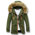 Olive green cotton-padded parka with plush-trimmed hood, contrast orange zip pockets, and adjustable button cuff tabs.