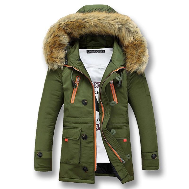 Olive green cotton-padded parka with plush-trimmed hood, contrast orange zip pockets, and adjustable button cuff tabs.