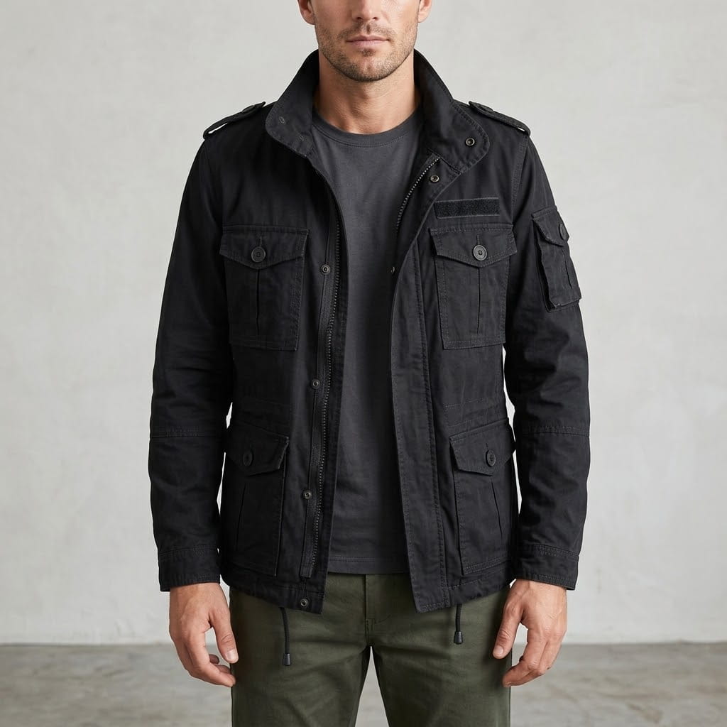 Front view of a model wearing the cotton utility cargo jacket in black with shoulder epaulets, stand collar, and multiple button-flap cargo pockets over a charcoal t-shirt.