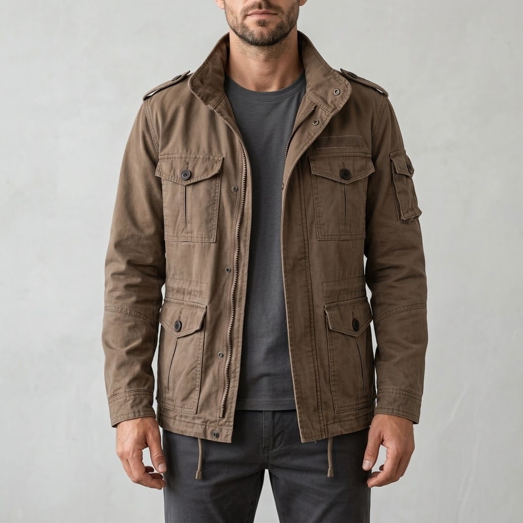 Front view of a model wearing an open brown cotton utility cargo jacket featuring a high stand collar, shoulder epaulets, front zipper placket, multiple button-flap cargo pockets, sleeve pocket, and waist drawstrings over a dark grey t-shirt.