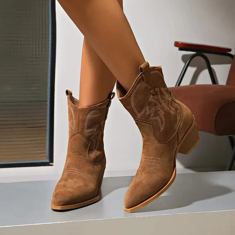 Cowboy Ankle Booties – Brown ankle boots with embroidered shafts, pull tabs and stacked block heels