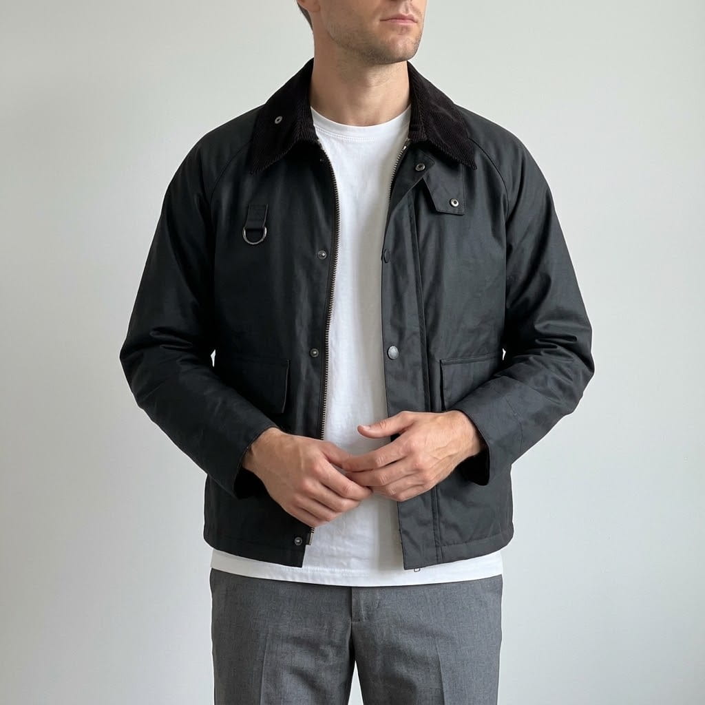 Front view of a model wearing the cropped field jacket in black with a matching dark corduroy collar, chest D-ring, and flap hand pockets.