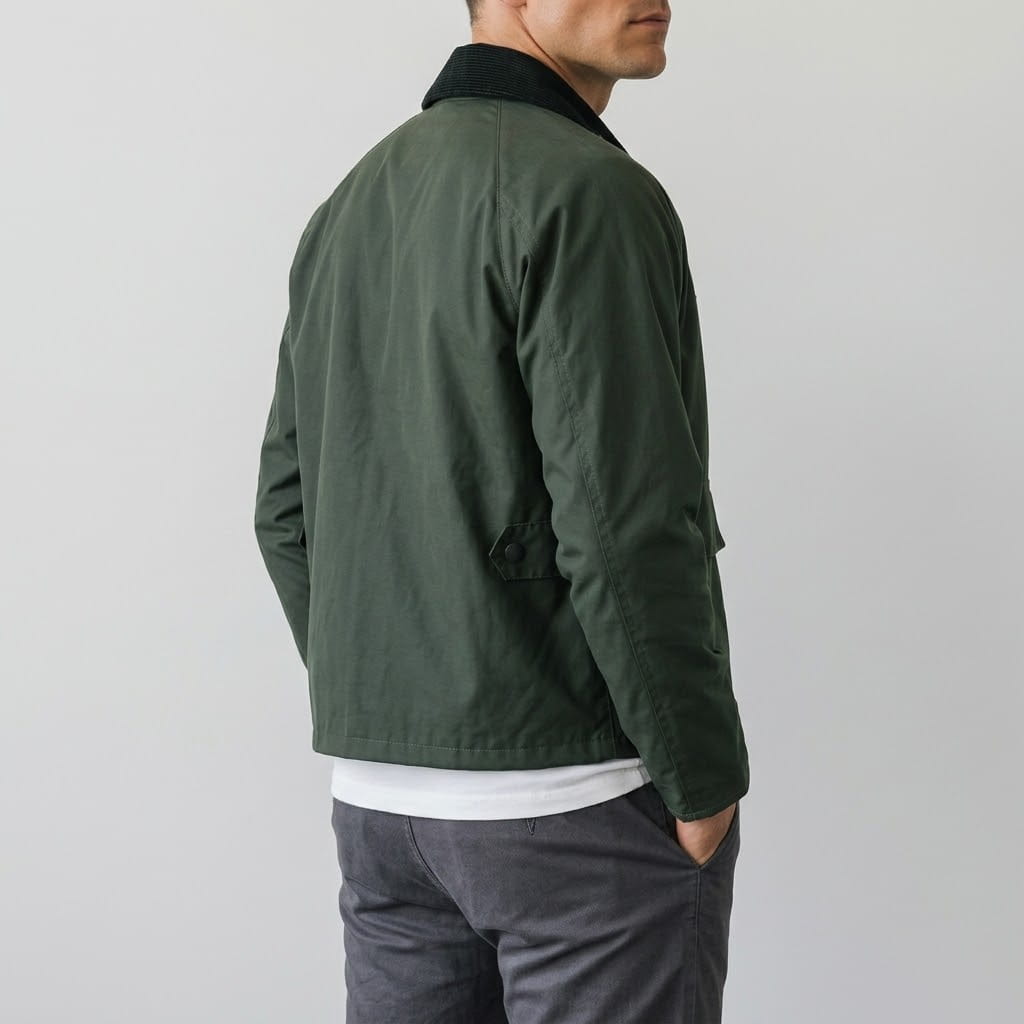 Three-quarter rear view of a model wearing the olive green cropped field jacket with black corduroy collar and straight hem.
