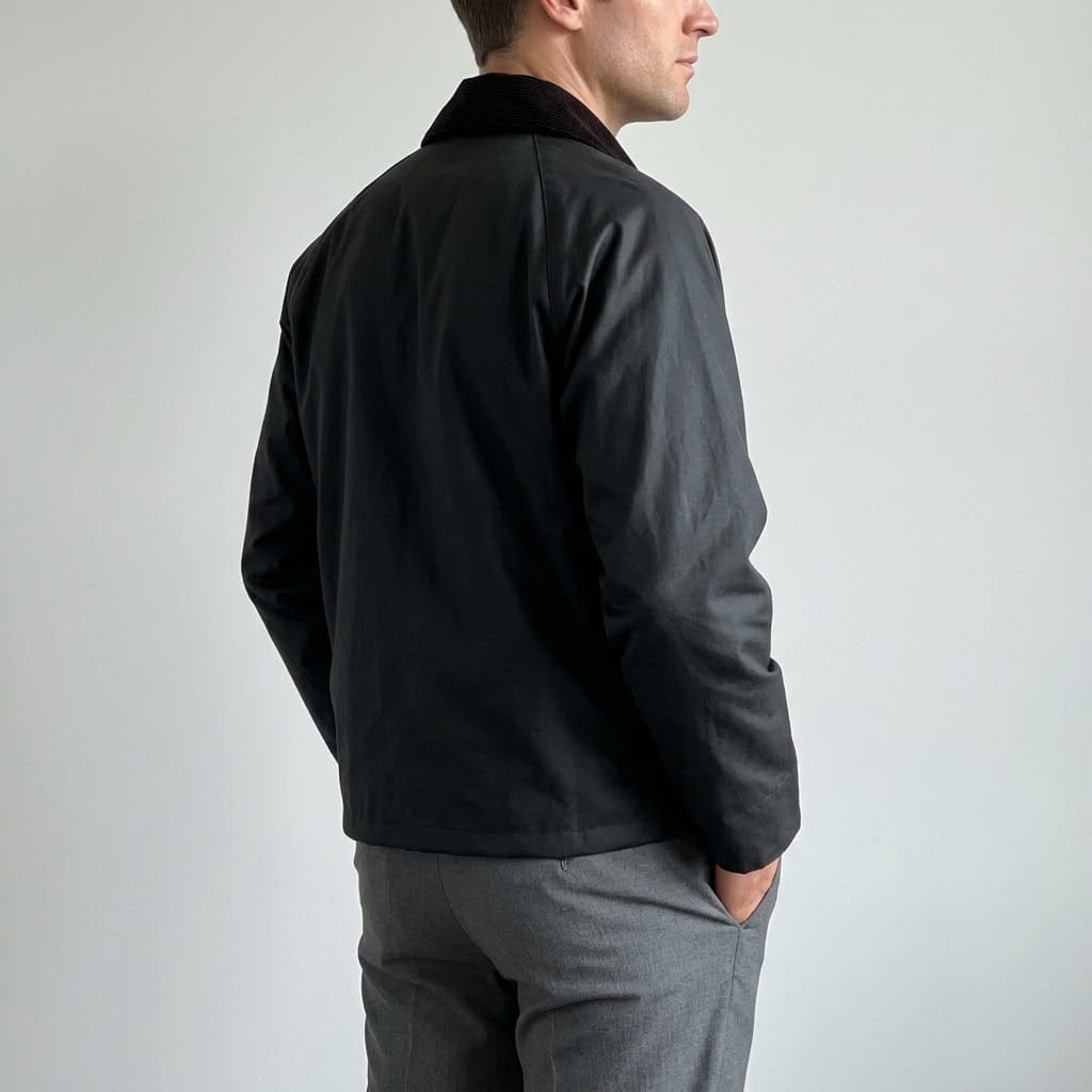 Three-quarter rear view of a model wearing the black cropped field jacket showing the corduroy collar and raglan sleeve construction.