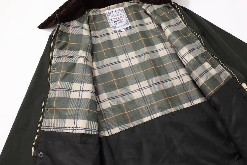 Close-up view of the jacket interior showing the classic plaid check cotton lining and inner pocket detail.