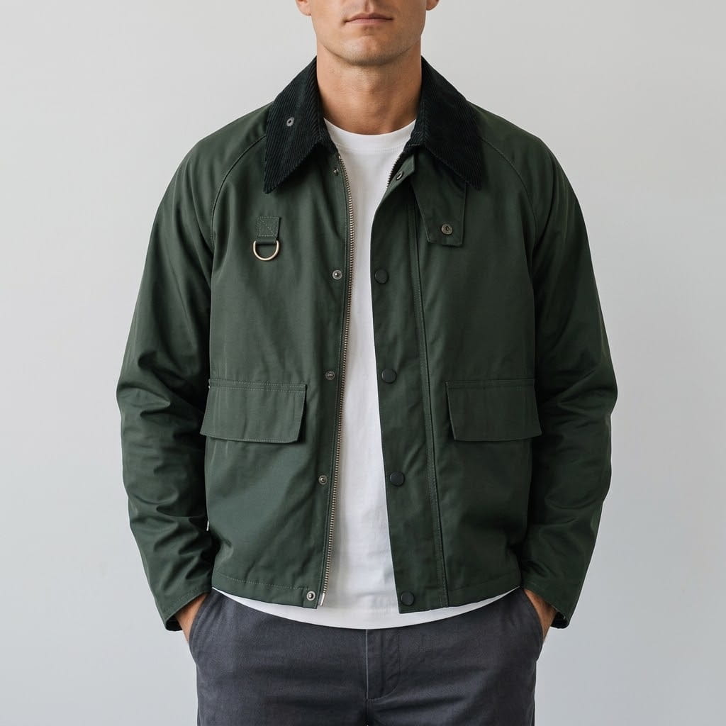Front view of a model wearing an open olive green cropped field jacket featuring a black corduroy collar, chest D-ring accent, snap storm placket, and large flap hand pockets over a white crewneck t-shirt.