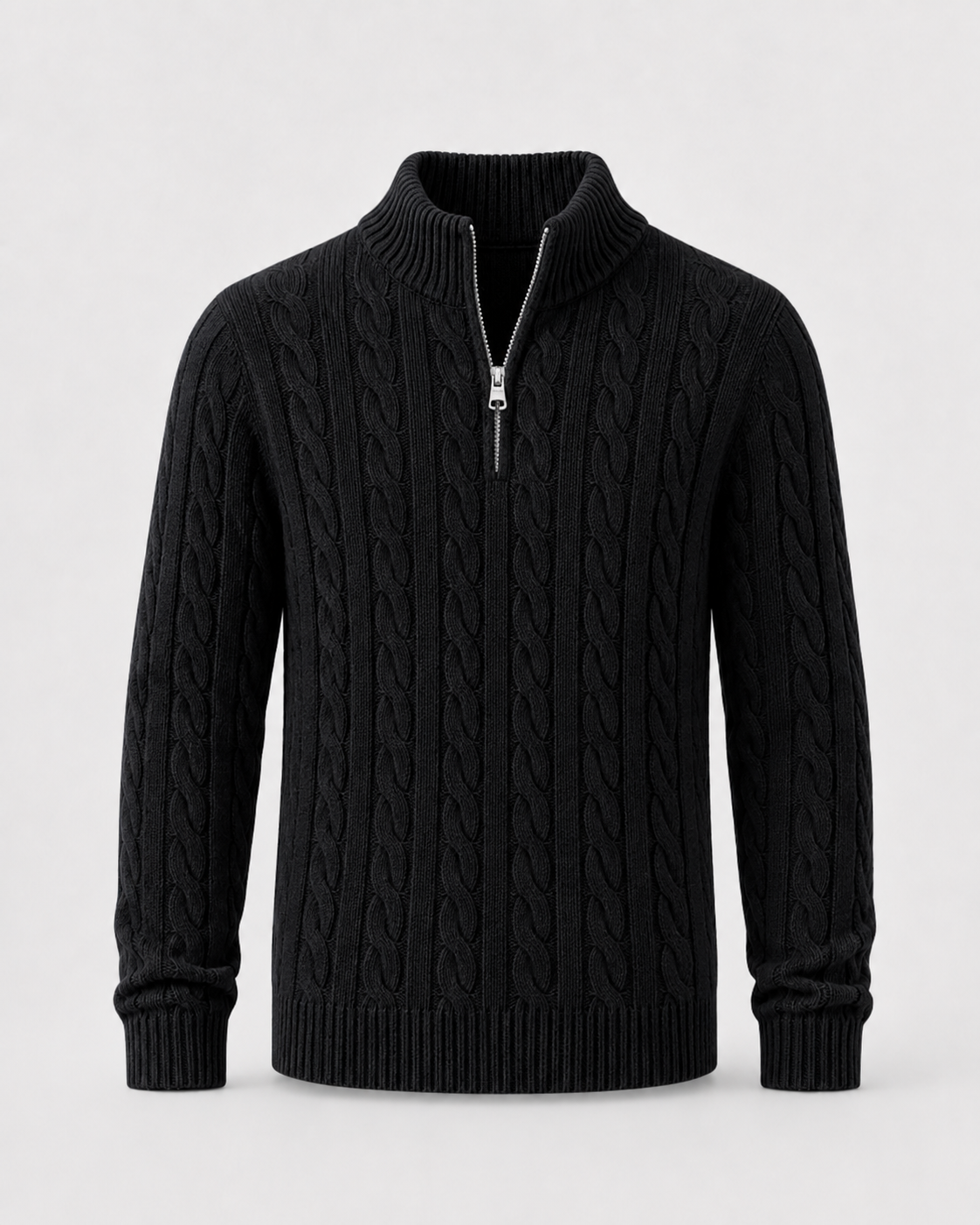 Cyrus Cable Knit Quarter-Zip Sweater – Mock Neck Ribbed Trim Pullover