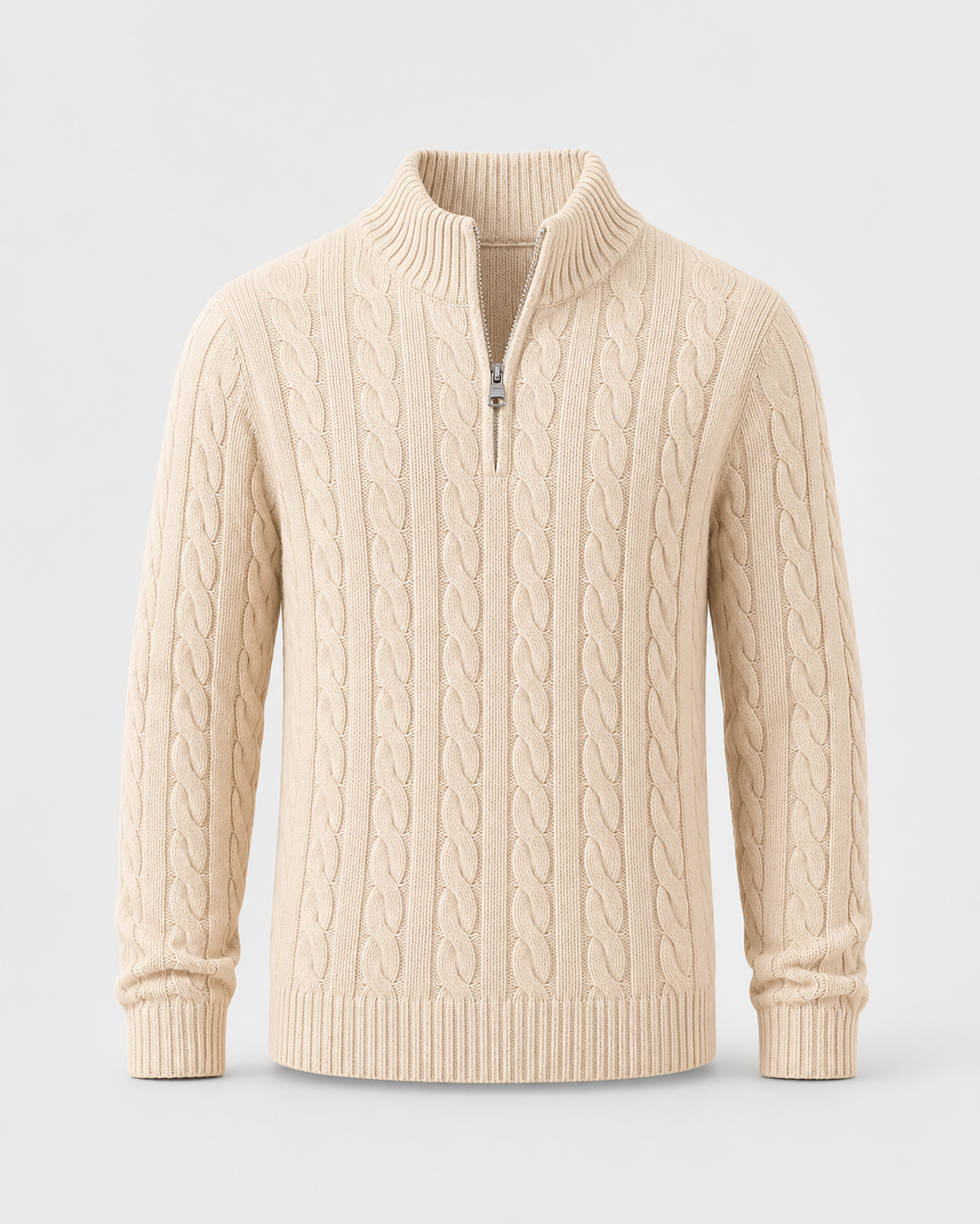 Cyrus Cable Knit Quarter-Zip Sweater – Mock Neck Ribbed Trim Pullover
