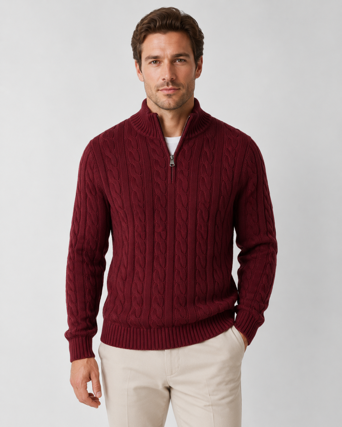 Cyrus Cable Knit Quarter-Zip Sweater – Mock Neck Ribbed Trim Pullover