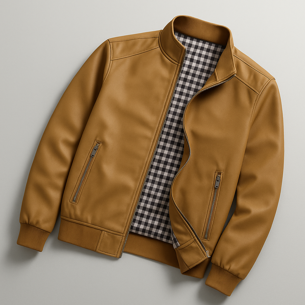 Tan weather-resistant bomber jacket with a structured fit, zip pockets, and a black-and-white gingham-check lining.