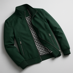 Dark green weather-resistant bomber jacket with a zip front and black-and-white gingham-checked interior lining.