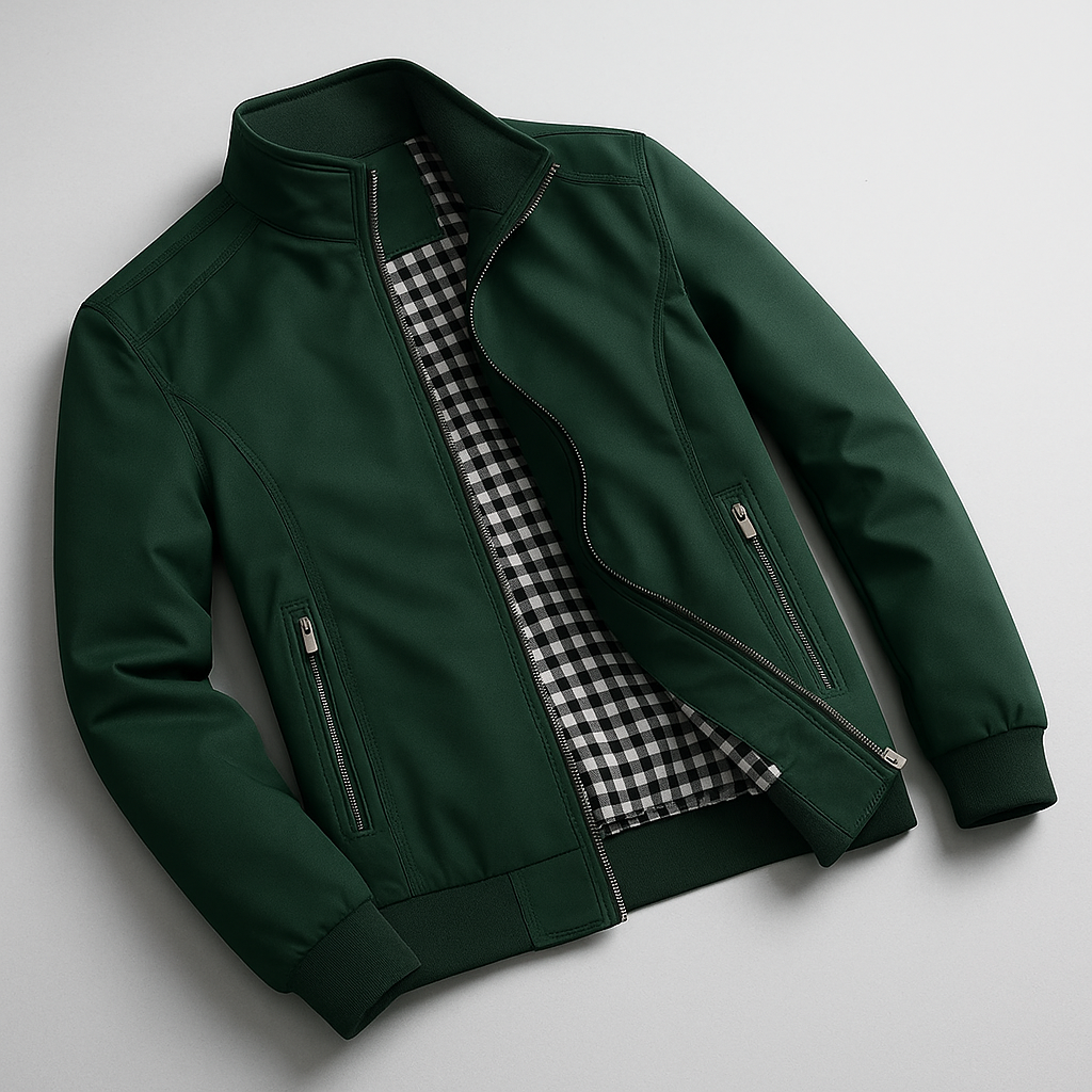 Dark green weather-resistant bomber jacket with a zip front and black-and-white gingham-checked interior lining.