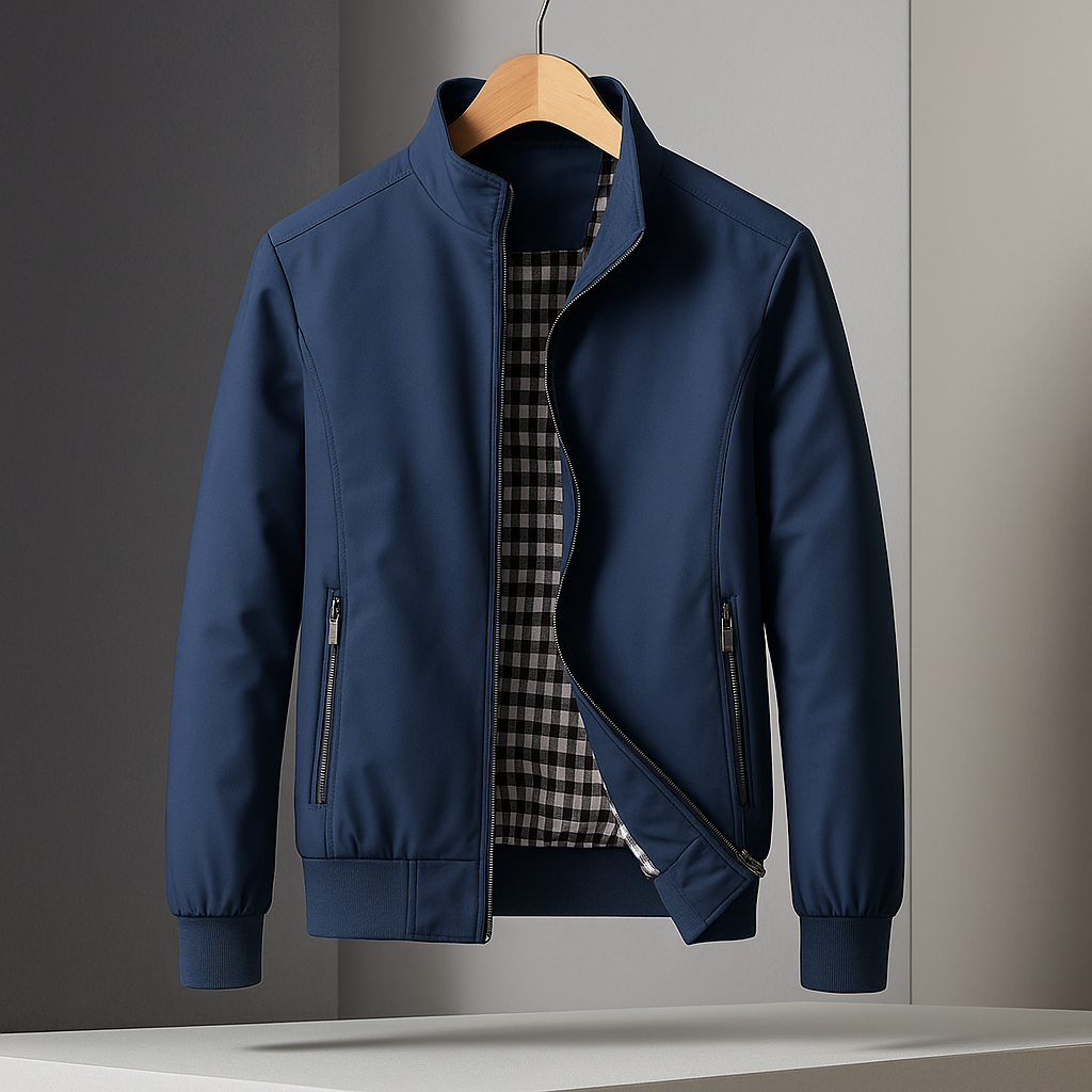 Navy blue weather-resistant bomber jacket with a gingham-lined interior, zip pockets, and a structured, tailored fit.