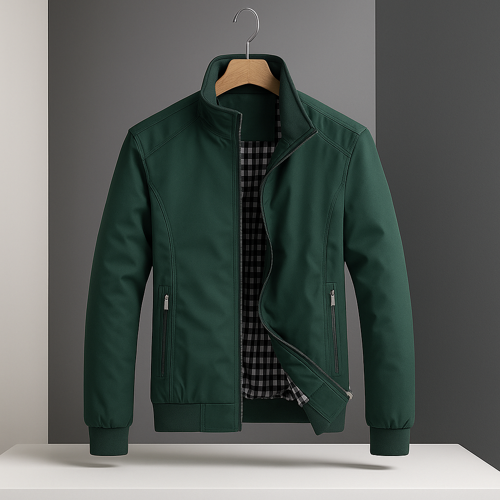 Dark green weather-resistant bomber jacket with a zip front, ribbed cuffs, and a black-and-white gingham lining.